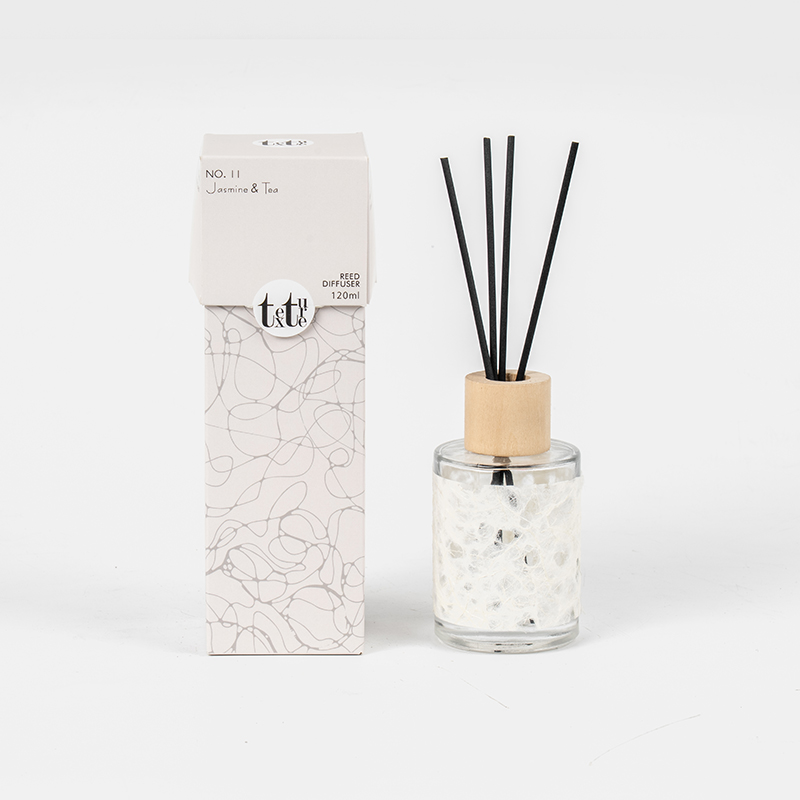 Klassischer runder Glasflakon mit Holzdeckel in schönem Papier-Deko-Schilfdiffusor – Anbieter für Raumdüfte