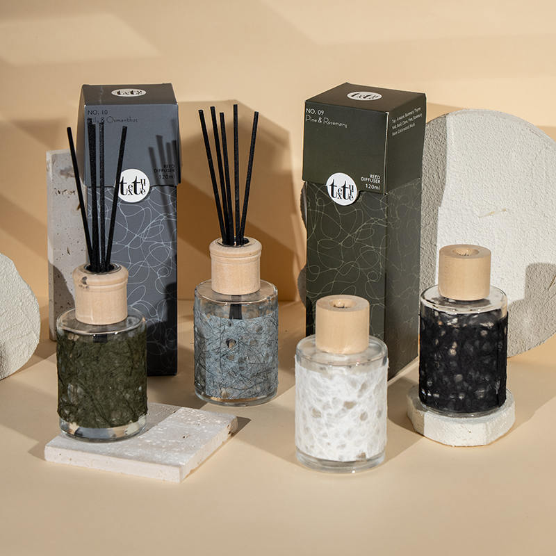 Klassischer runder Glasflakon mit Holzdeckel in schönem Papier-Deko-Schilfdiffusor – Anbieter für Raumdüfte